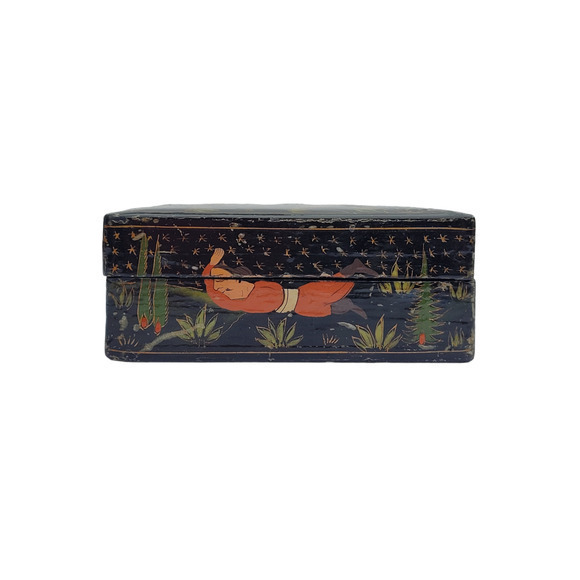 Vintage Russian Black Lacquer Green Blue Trinket Box Fighting Scene - Picture 8 of 13